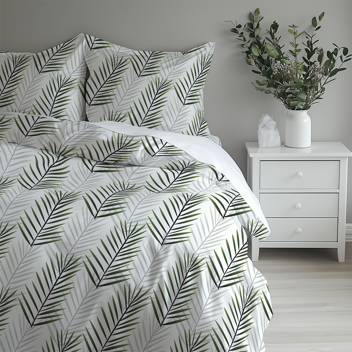 bedding with palm leaf pattern